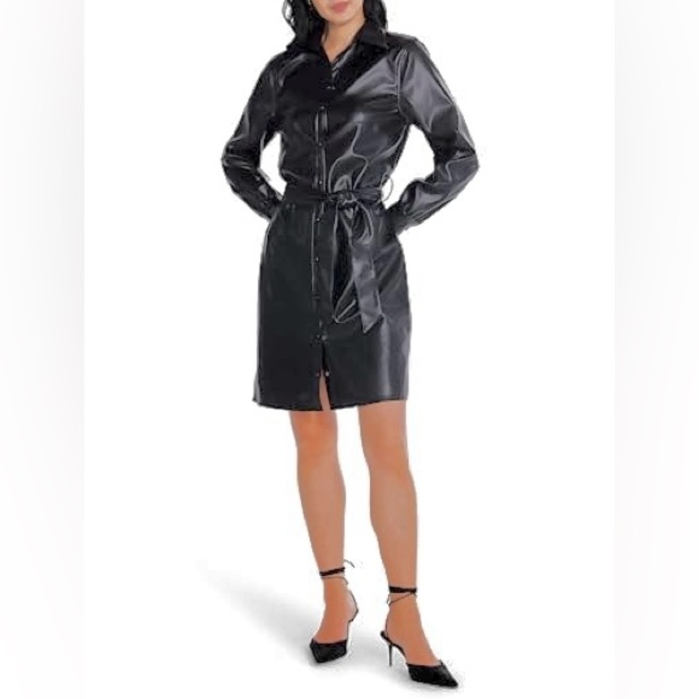 New NIC+JOE Faux Leather Collared Women’s Small Belted Tie Long Black Trenchcoat